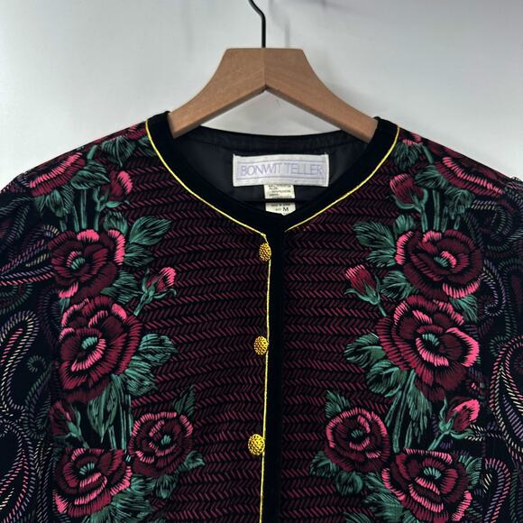 Vintage 80s Bonwit Teller Velvet‎ Floral Jacket Button Front Size M - Picture 4 of 10